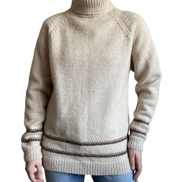 Vintage Hand Knit Alpaca Beige Tan Turtleneck Striped Minimalist Sweater Sz XL - Picture 1 of 7